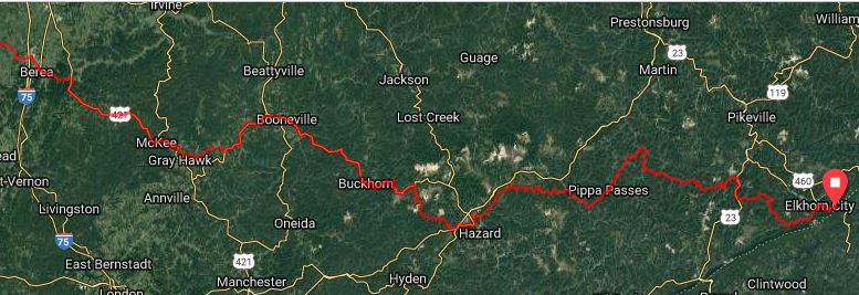 A map of the Transamerica bike trail that runs through eastern kentucky from elkhorn city, through pippa passes, hazard, booneville, berea.