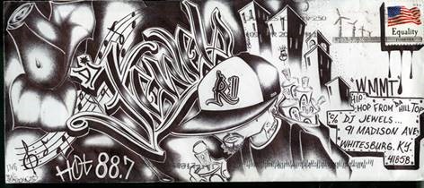 Graffiti covering a letter sent to WMMT DJ's in Whitesburg, Kentucky as part of calls from home.