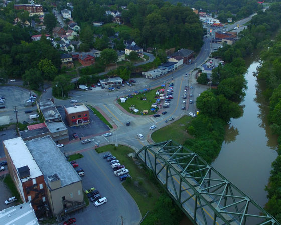 An aerial view of downtown Hazard, Kentucky with Gorman bridge. Hazard is known as the queen city of the mountains.
