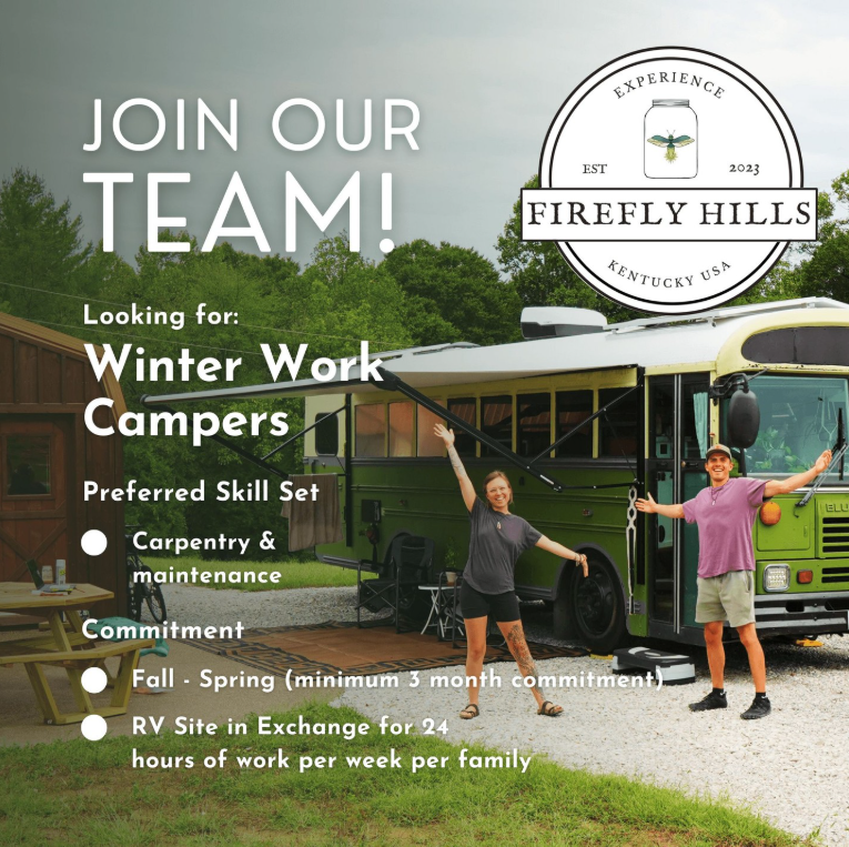 An advertisement for Winter work Campers needed for the RV Park
