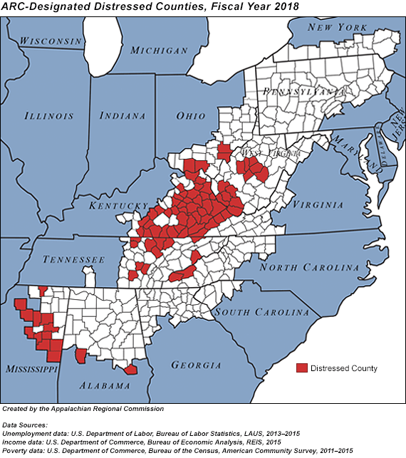 The map of ARC designated distressed counties in central appalachia. Eastern kentucky has some of the most distressed counties