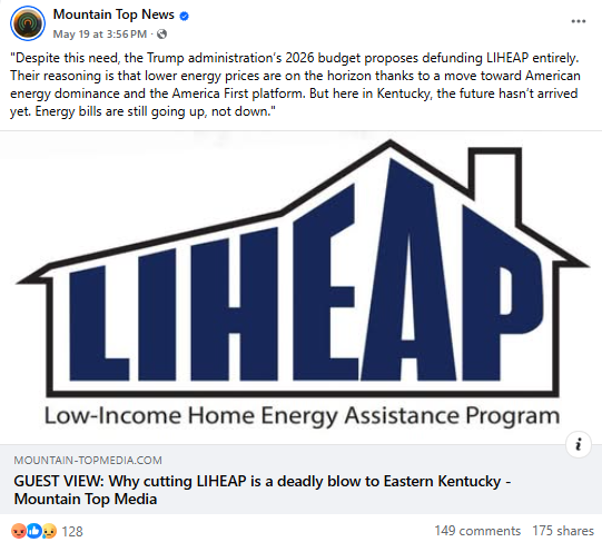 a screenshot of a post on facebook about the liheap program